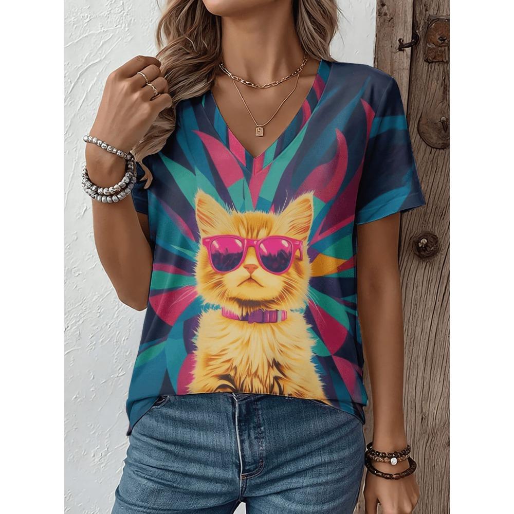 Women's V-neck short sleeved T-shirt cartoon cat print T-shirt