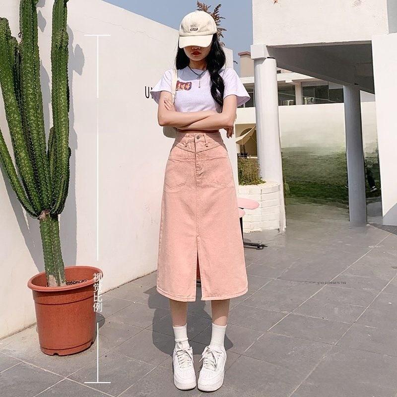 Cotton Blend Pink Midlength Skirt With Zipper And Button For Spring Summer Casual Wear