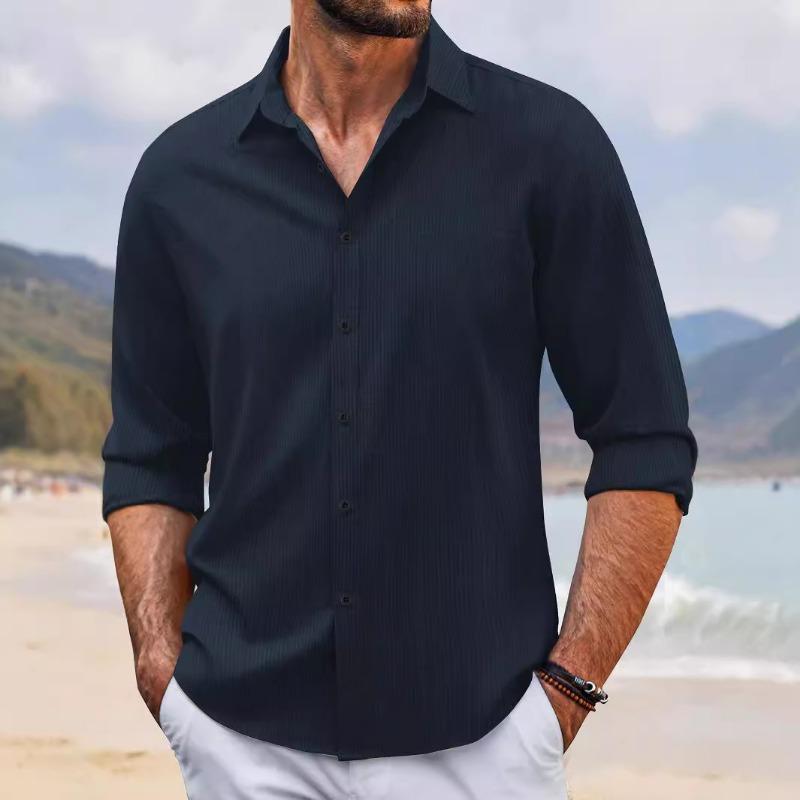 Spring and Fall Single-breasted Men's Long-sleeved Shirt with Lapel