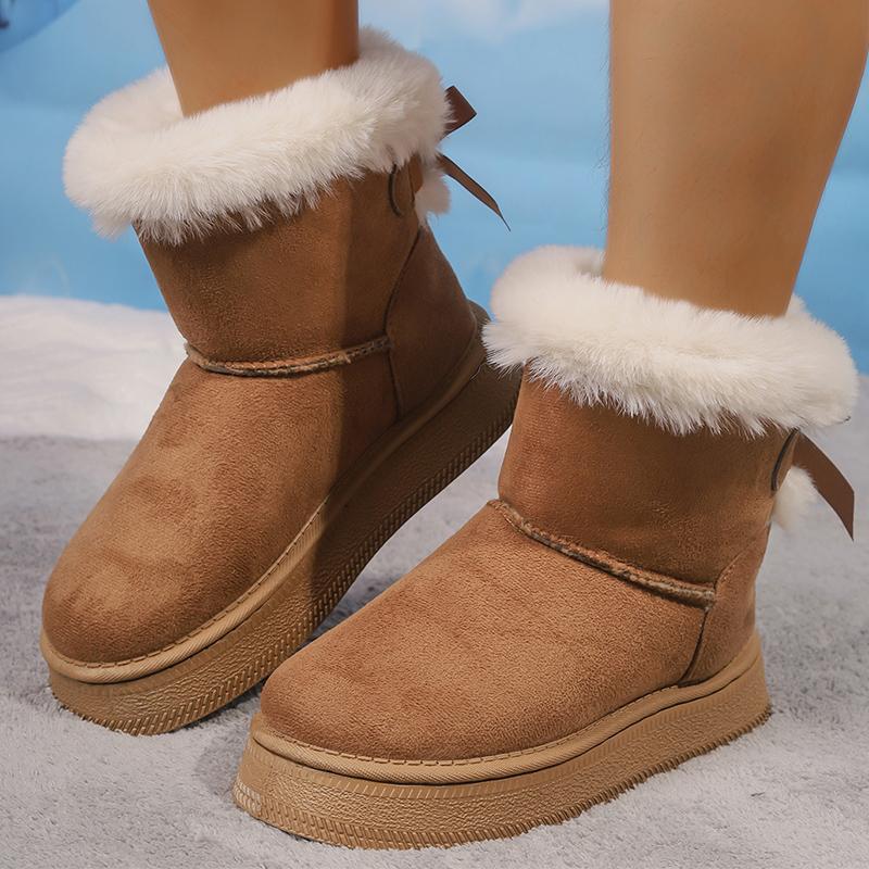 Fashion Winter Faux Suede Women Fluffy Snow Boots Warm Plush Platform Ankle Booties Woman Bow Slip On Cotton Boots 36-42