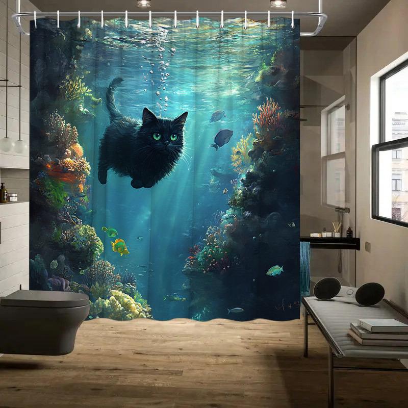 

Black Cat Swimming Through Coral Reef Shower Curtain – Whimsical Underwater Scene with Green-Eyed Cat 48x72inch 120x180cm