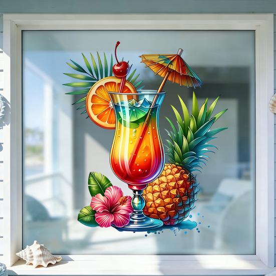 Adesivi Statici per Finestre Estivi Tema Tropicale Cocktail Fiore d'Ananas Adesivi per Finestre Festa in Spiaggia Piscina Vetro Decalcomanie per Casa Ufficio Festa Hawaiana