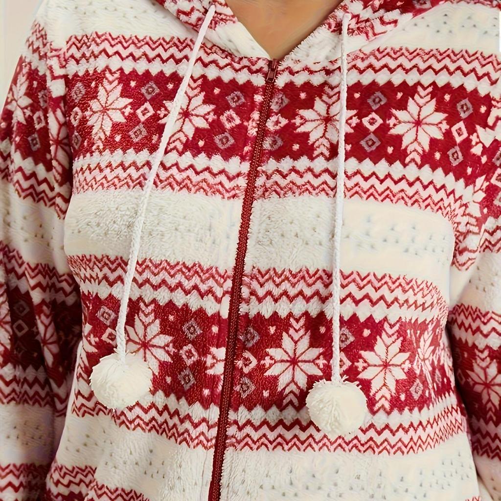 Women's Plus Size Hooded Snowflake Christmas Pajamas - Zippered, Pom-Poms, Thick, and Cozy