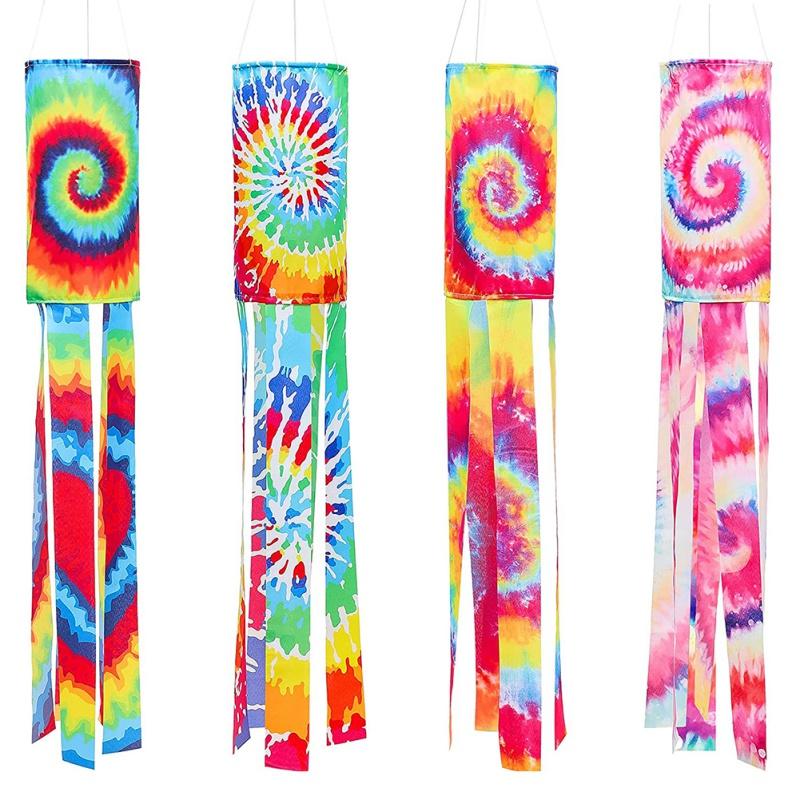 Tie-Dye Rainbow Windsock Flag Outdoor Decorative Flag With Metal Swivel Clip Wind Tube Flag Home Aviation Wind Sock Kite 100cm