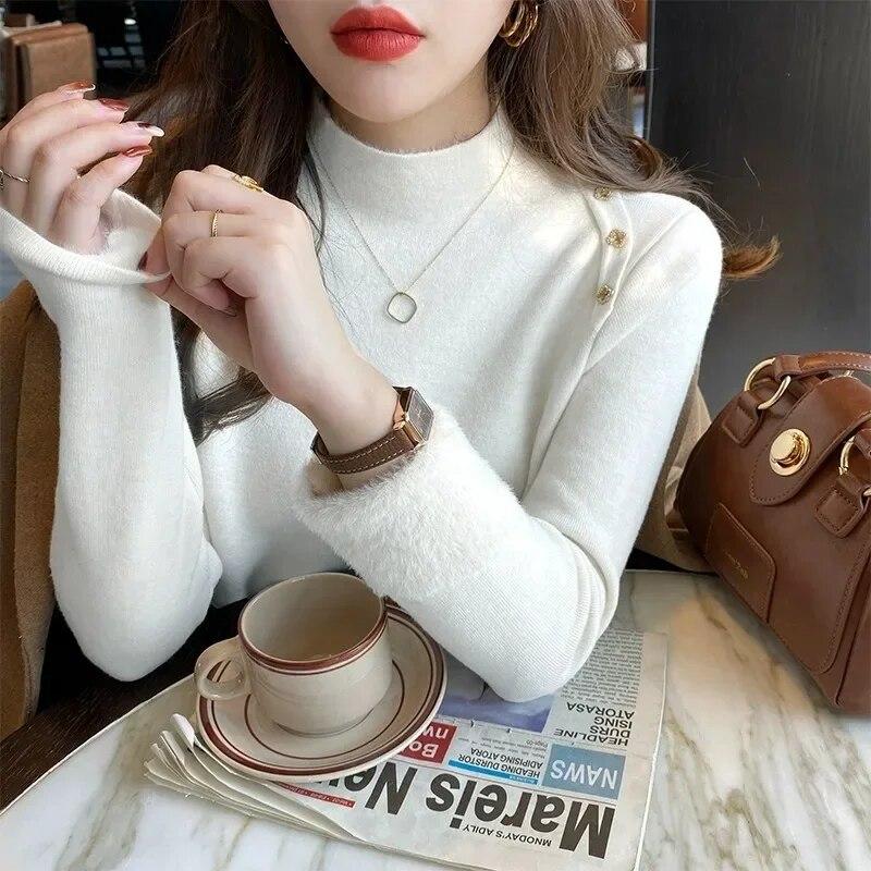Casual Long Sleeve Soft Warm Sweater Women Fashion Stand Collar Base Pullover Women Autumn And Winter Thickened Knitwears Tops 29602