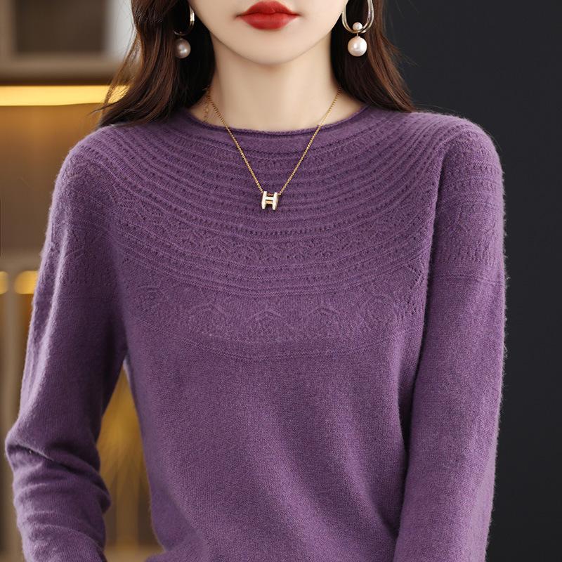 Women's Wool Sweater: Autumn & Winter Loose Knit, Half-High Collar, Hollow-Out Design, Rolled Hem.