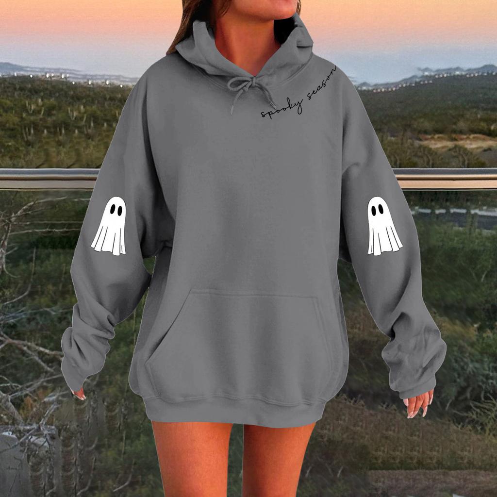 Women's Solid Color Long Sleeve Casual Halloween Print Pullover Hooded Sweatshirt