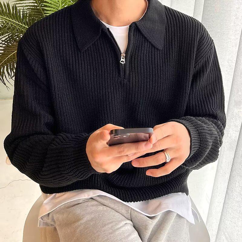 Men's Dark Blue Half-Zip Knit Sweater - Winter, Clean Fit, Versatile Casual Top