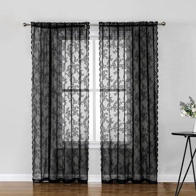 Lace Curtain Good Air Permeability Sunscreen Extra Soft Dustproof Washable Decorative Tear Resistant Floral Patterned Black Lace Sheer Curtain