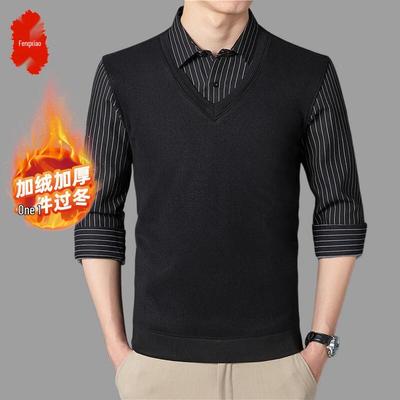 Fengxiao Men's Fake Two-Piece Striped Fleece-Lined Pullover Sweater