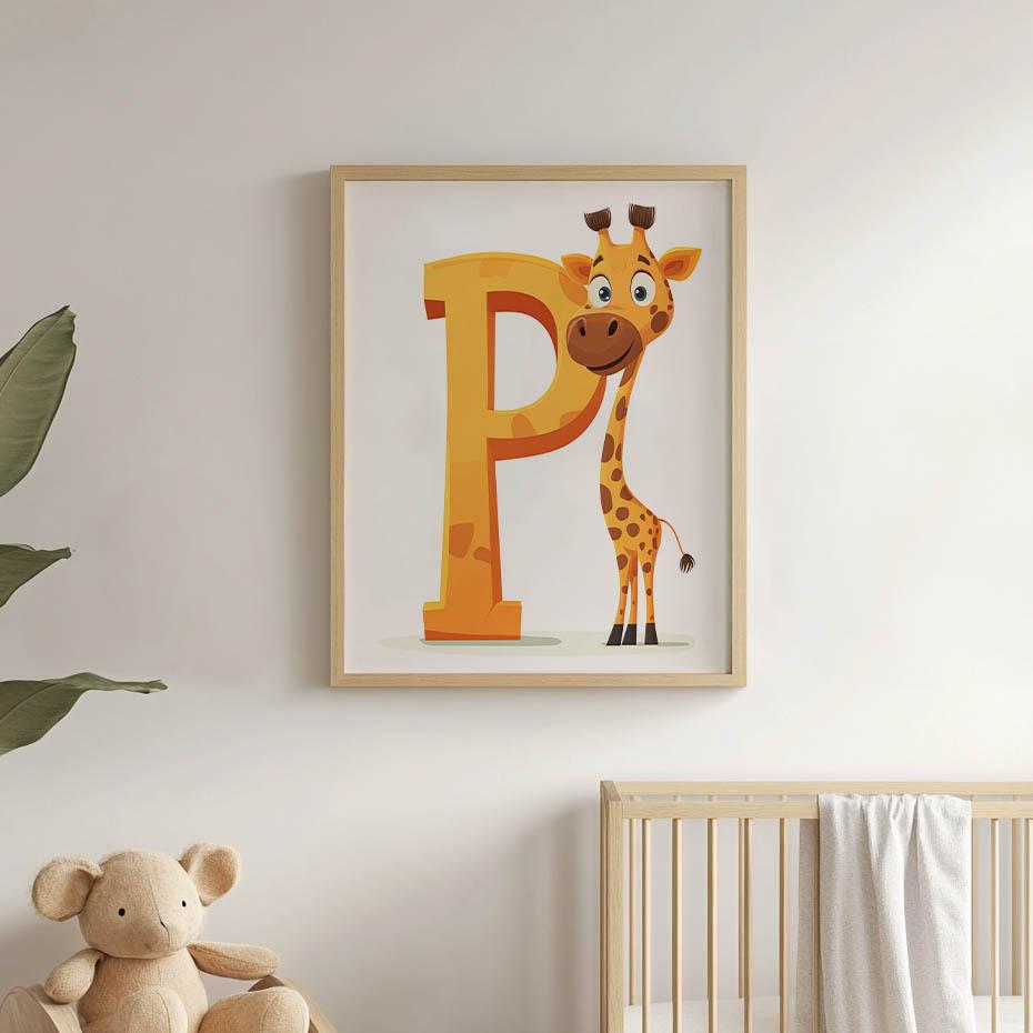 Plakat Wesoła Żyrafa Z Literą P Plakat Wesoła Żyrafa Z Literą P, 50X70 Cm, Bez Ramy, Płótno Premium Na Blejtramie