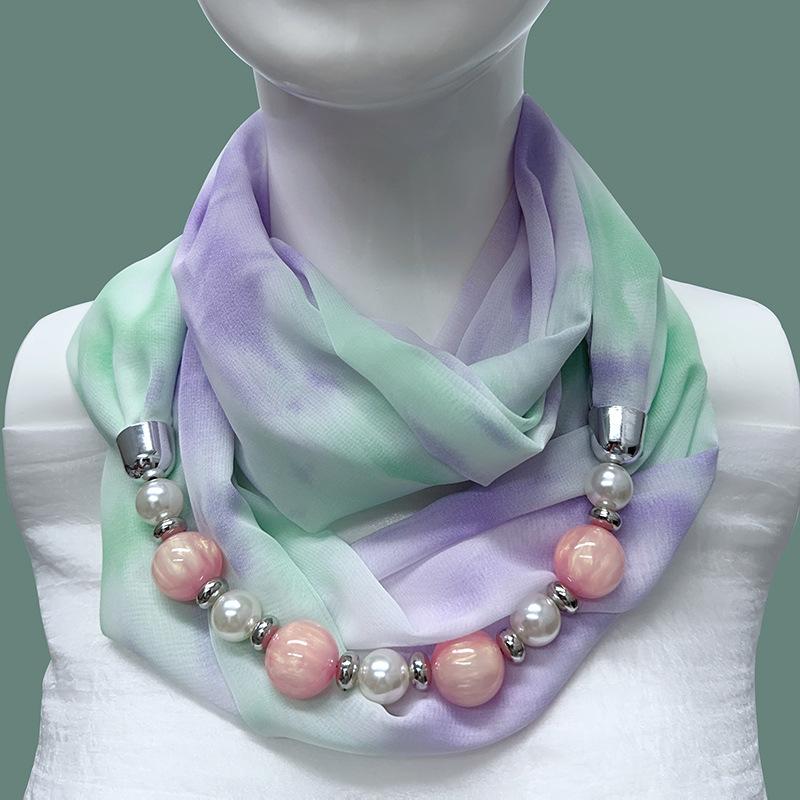 Chic Printed Scarf Necklace with Pearl and Bead Accents – Lightweight Chiffon Infinity Scarf for Women, Fashion Statement Accessory