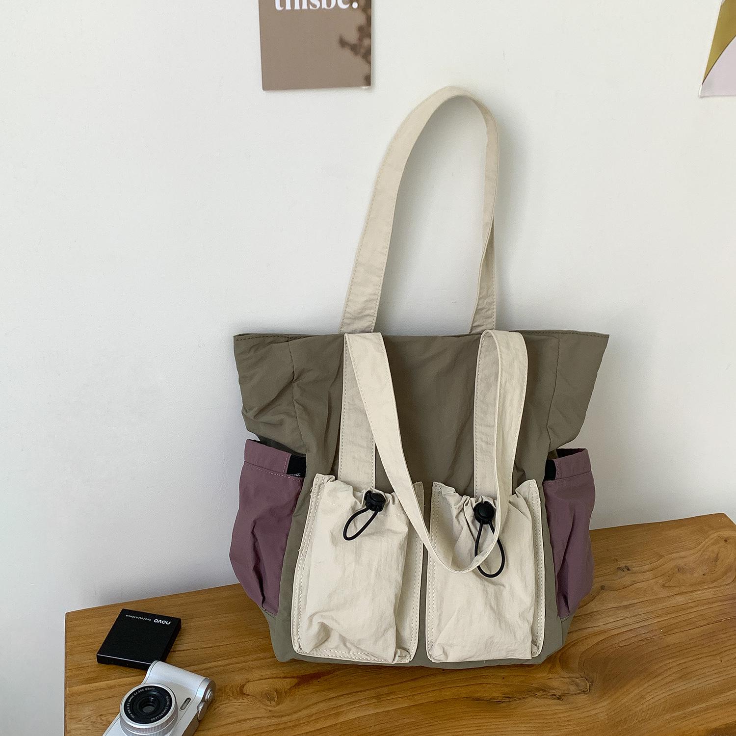 2026 Color Block Patchwork Tote Bag: Multi-Pocket, Large Capacity Nylon Shoulder Bag for Women зелёный