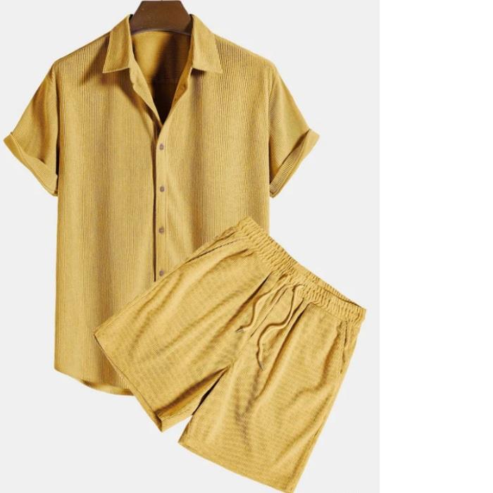 Men's Casual Loose Multicolor Beachwear Corduroy Short-sleeved Suit Two-piece Suit