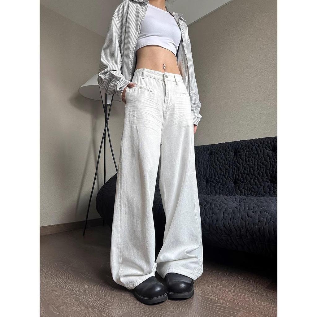 Women's Washed White Wide-Leg Jeans - Casual, Loose-Fit, Straight-Leg for Spring & Autumn