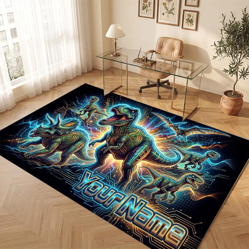 Dinosaur Theme Soft Crystal Velvet Rug Custom Name & Text Print Non Slip Floor Rug for Bedroom Living Room