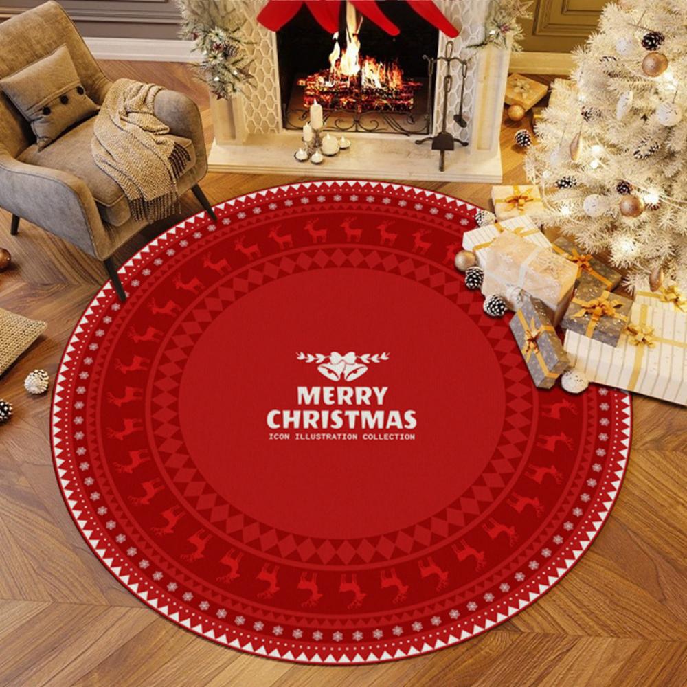 Christmas Theme Round Carpet Living Room Sofa Non Slip Floor Mat Reindeer Pattern Christmas Decorative Household Carpet