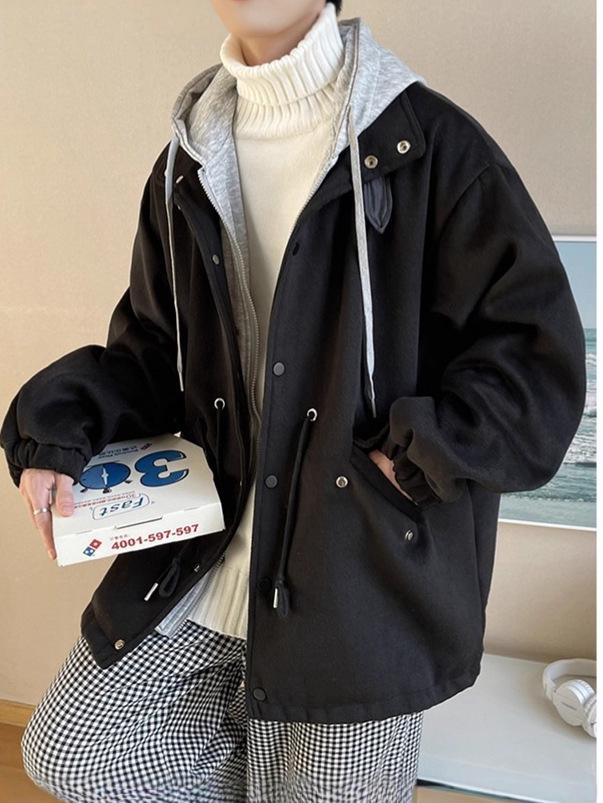Men's Autumn & Winter Wool Coat: Casual Loose Fit, Hooded Korean Trend, Faux Layered Design.