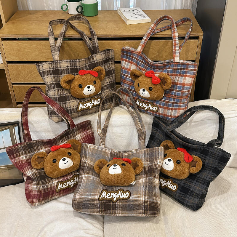 Bear Shoulder Bag Women's Bag Vintage Plaid Tote Bag
