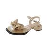 Baotou sandals women's 2025 new summer bow pearl low medium heel small leather shoes wedge heel women's single shoes women's shoes