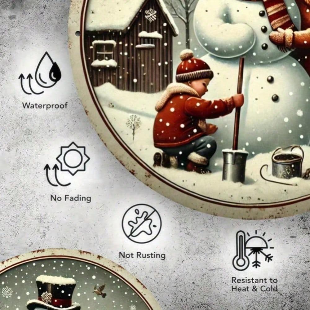 Vintage Snowman Family Metal Round Wall Sign Rustic Christmas Wreath Decor Farmhouse Kitchen Living Room
