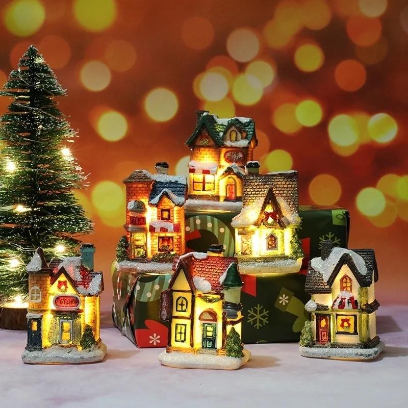 Weihnachts-Heimdekoration Miniatur-Dorfhaus Gebäude Ornamente Harz LED Gebäude Geschenk