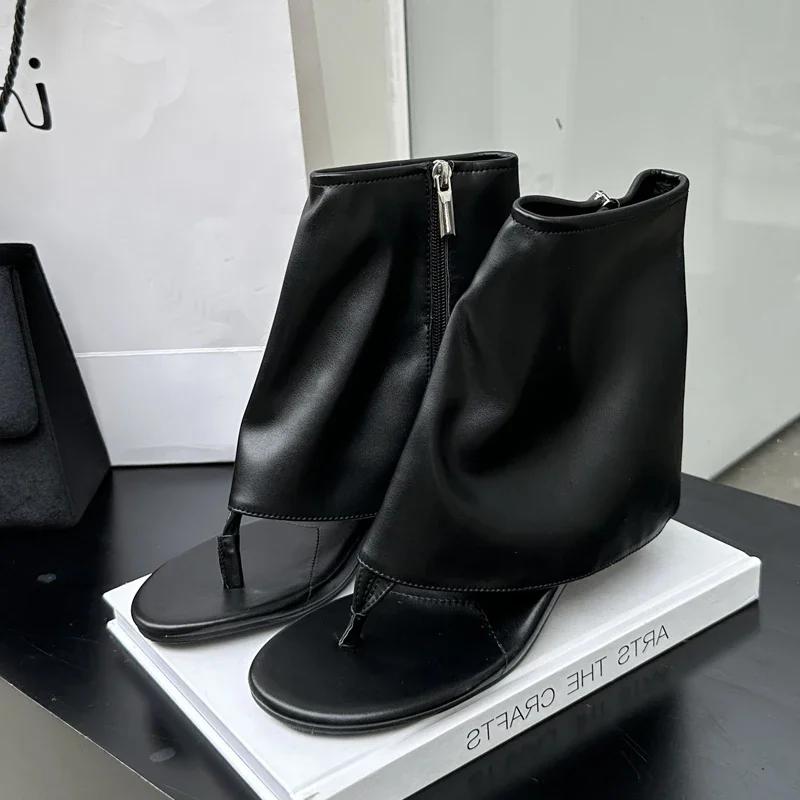Eilyken New Design Round Clip Toe Low Heels Woman Boot Sandals Fashion Zipper Banquet Dress Shoes Flip Flops Ankle Booties