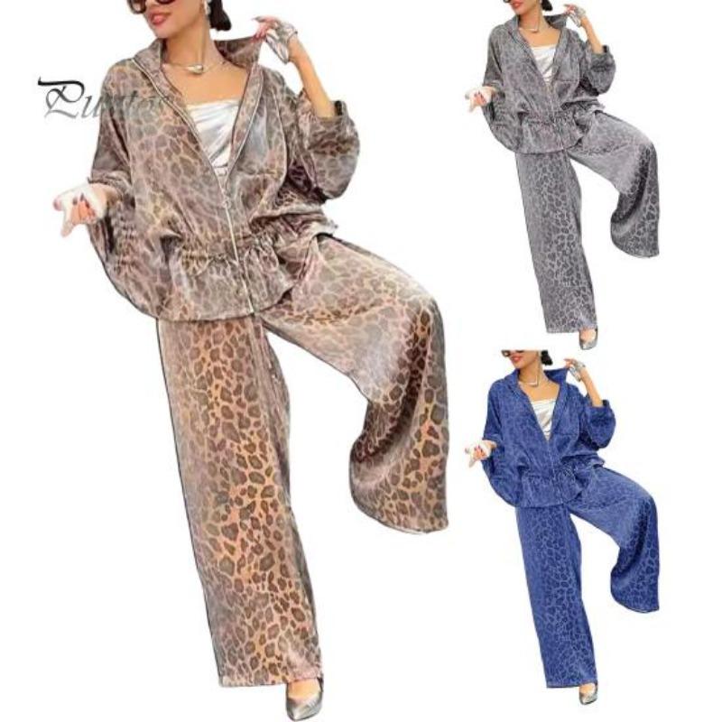 Pcs/Set Women Shirt Pants Set Leopard Printing Zip-up Long Sleeve Pleated Top Loose Wide Leg Trousers Commuting Workwear Ouit
