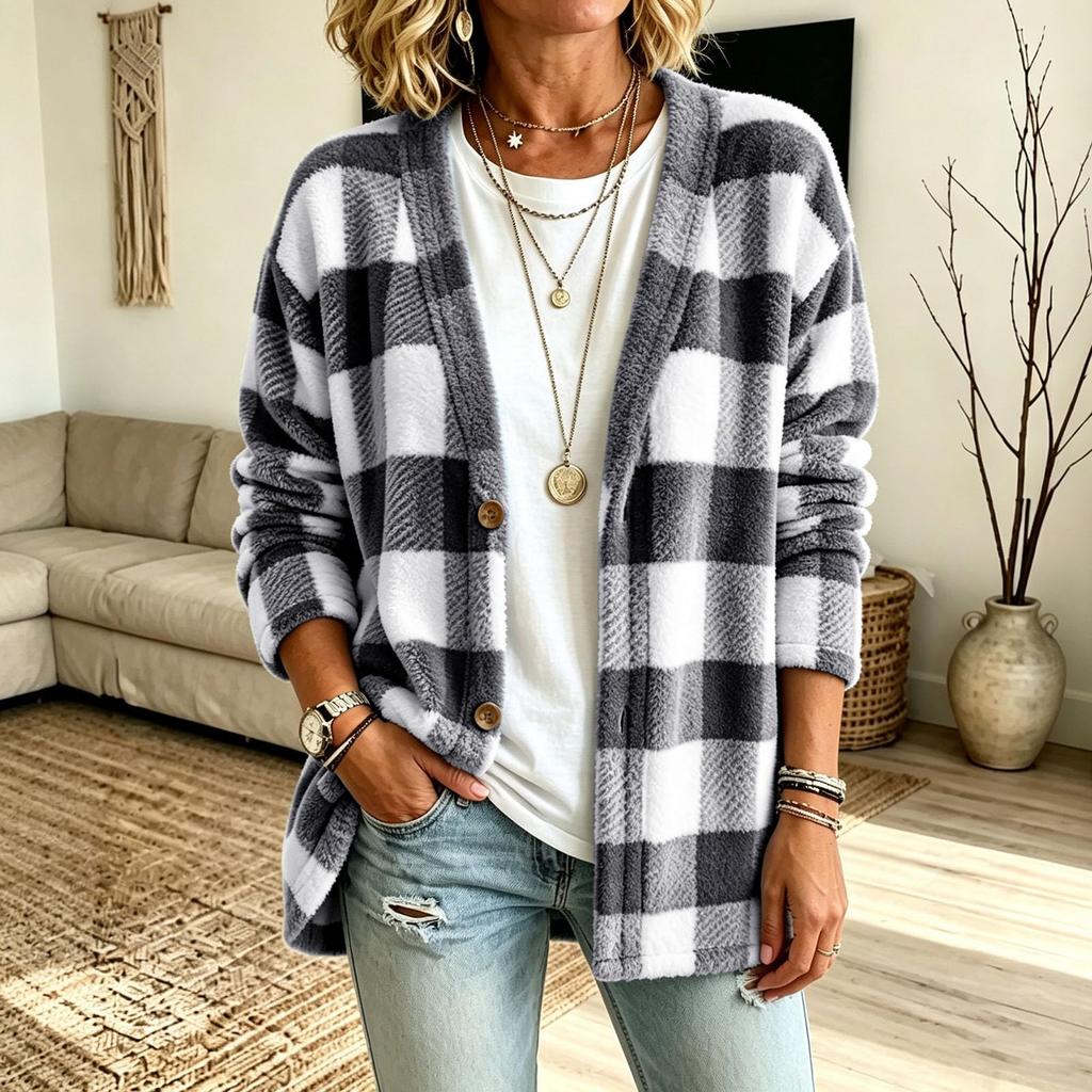 Women's Casual Plaid Cardigan V-Neck Loose Fit Open Front Jacket
