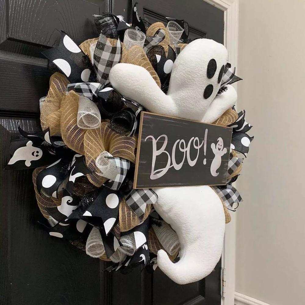 40cm Halloween Wreath Decorations Large Scary Halloween Plush Ghost Garland Holiday Decor Horror Wreath Front Door Wall Ornament