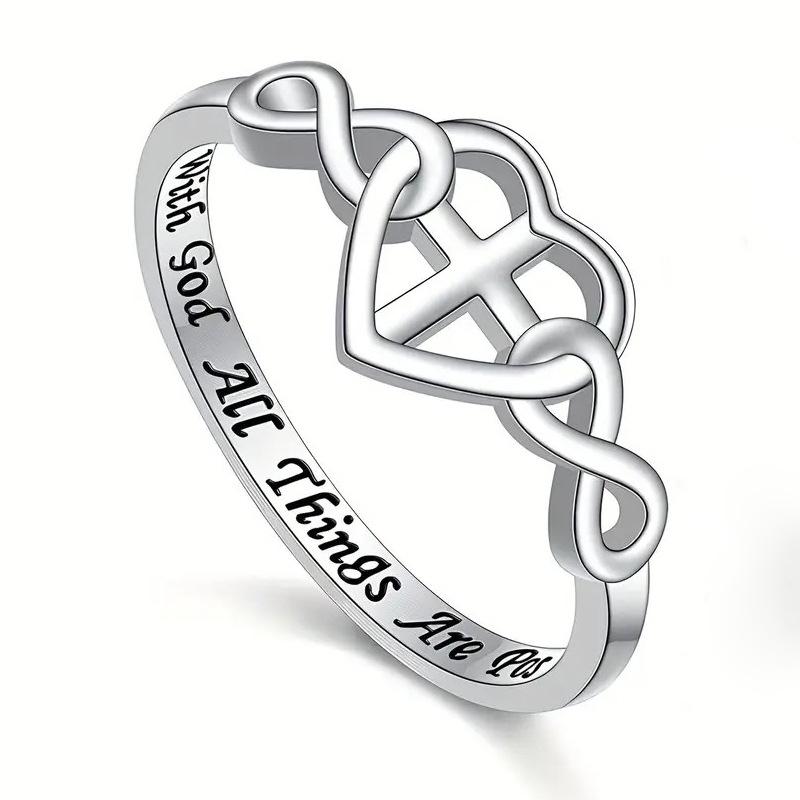 Personalized Cross Heart Infinity Ring with Motivational Quote Unisex Stylish Inspirational Jewelry no. 6