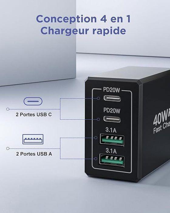 Chargeur USB C - SAMI - 40W - 4 Ports - Charge Rapide - Compatible iPhone 15