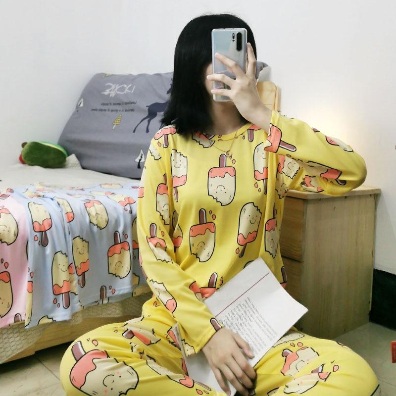 Niedliches Cartoon Damen Pyjama-Set: Rundhalsausschnitt, lange Ärmel, lange Hose – Bequem, vielseitig, perfekt für zu Hause oder draußen im Herbst und Winter