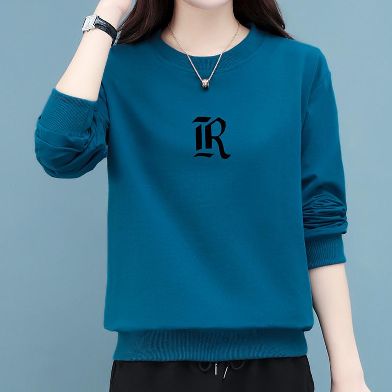 Women's Korean-Style Casual Pullover Solid Color Loose Round Neck Lettering Slimming Long-Sleeve Sweatshirt