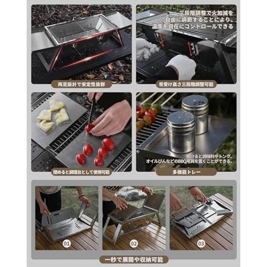 DesertFox Fire Pit Stand Barbecue Grill Compact Stainless Steel 2-4 People Lightweight Quick Assembly Foldable 3-in-1 Camping Height Adjustable 3 Case