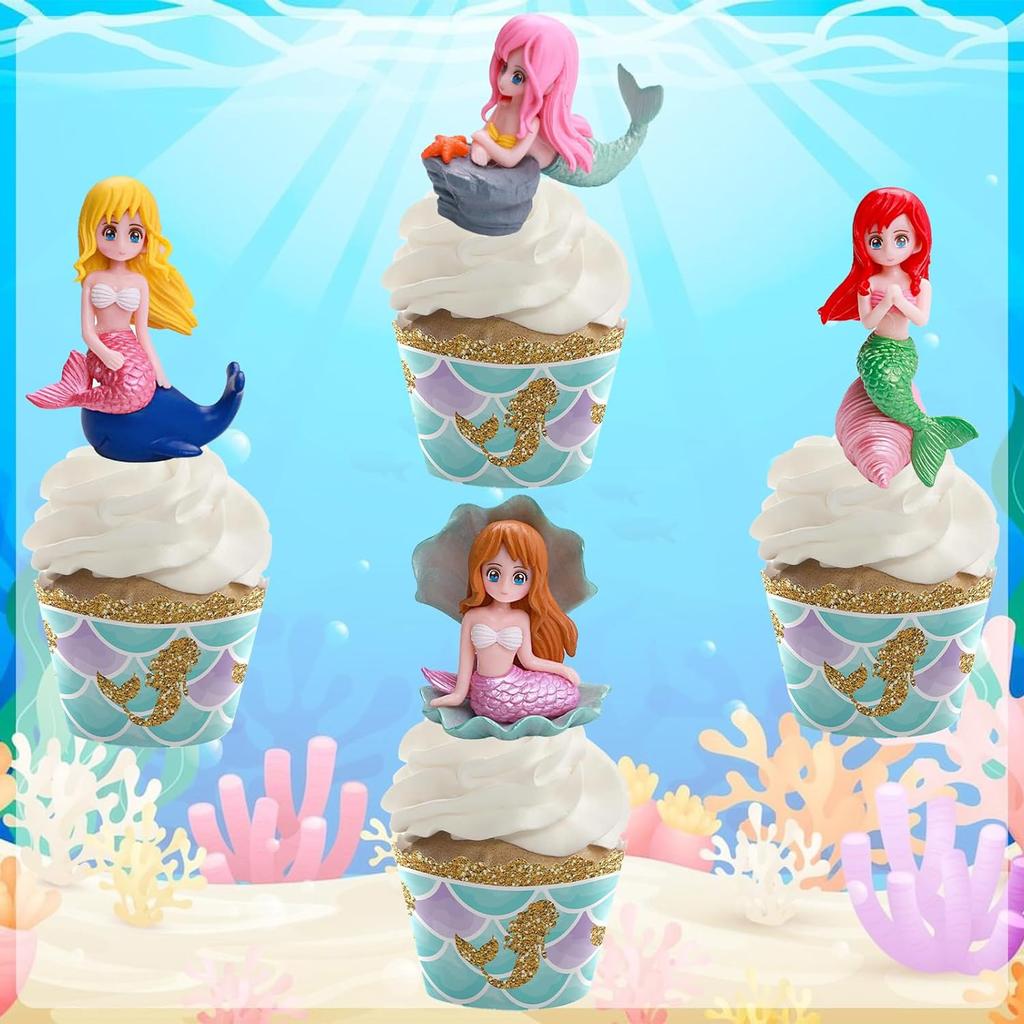 4pcs Mermaid Cake Topper Little Cute Mermaid Doll Figurines Decorations for Mermaid Princess Under the Sea Theme Birthday Party