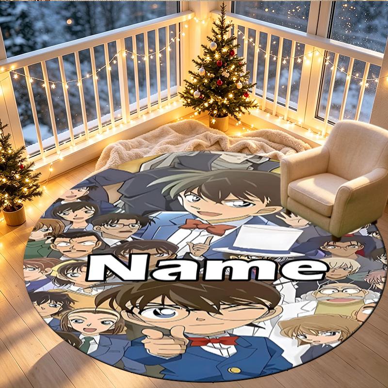 Custom Name Personalized Detective Conan Print Round Rug, Versatile Home Decor Carpet, for Playroom, Apartment, Balcony, Entryway, Hallway Gift
