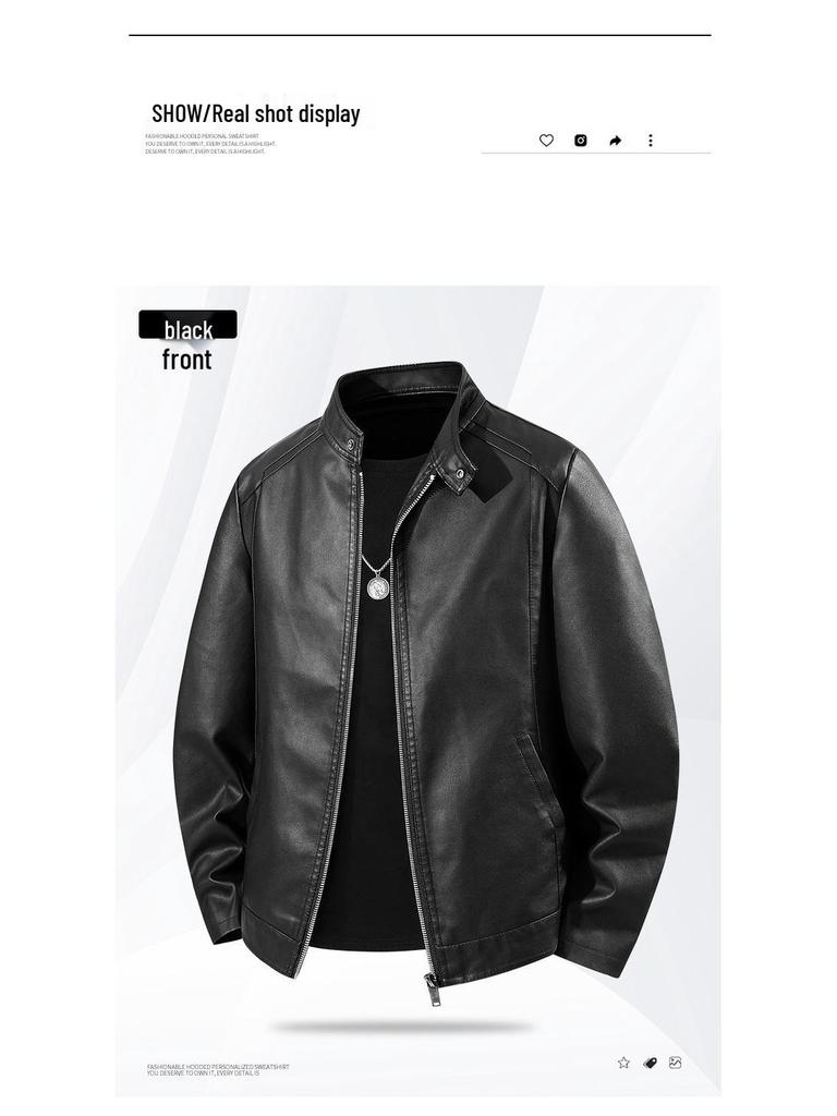 Men's Trendy Versatile PU Leather Motorcycle Jacket with Stand Collar for Autumn and Winter