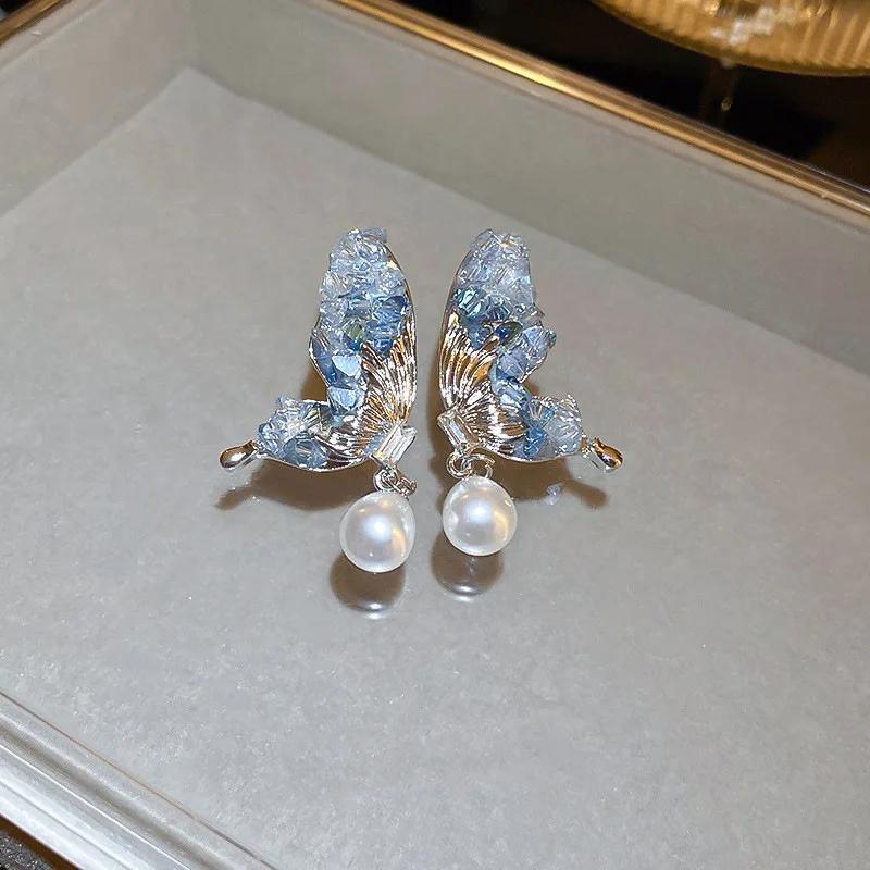 New Fashion Butterfly Zircon Moon Tassel Stud Earrings for Women Delicate Korean Asymmetric Cute Earrings Luxury Jewelry Gift