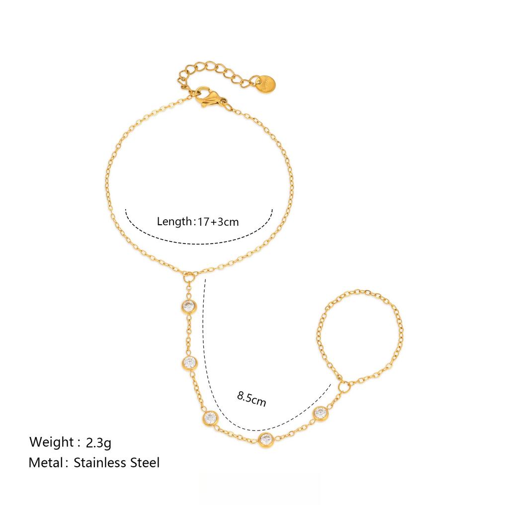 Stainless Steel 18k Gold Plated Sparkling Round Zircon Chains Y-Shaped Ring Bracelets for Women Tarnish Free Waterproof Jewelry