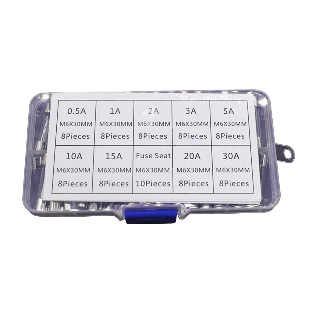 9 Values 72pcs Fast Glass Tube Fuse Assortment Kit 6x30mm 250V 0.5A~30A Fuses Glass Tube Packag In a Clear Plastic Box