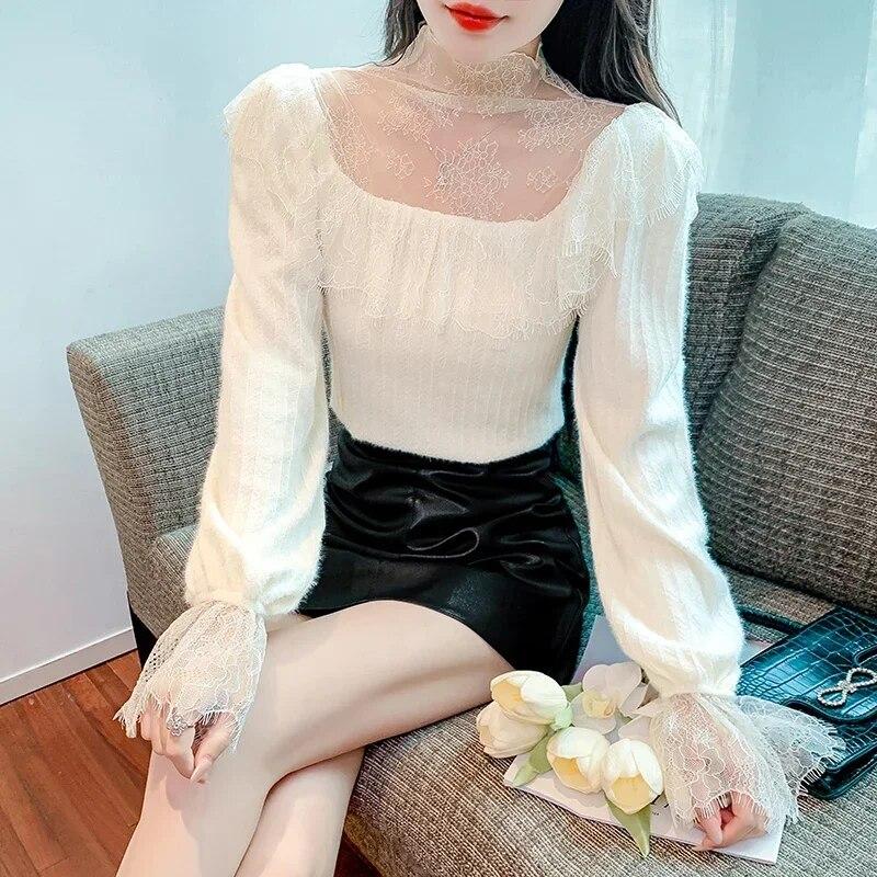 

Расклешенная кружевная женская блузка с длинным рукавом, элегантная прозрачная винтажная рубашка с рюшами, женские милые простые топы 30219 S абрикосовый