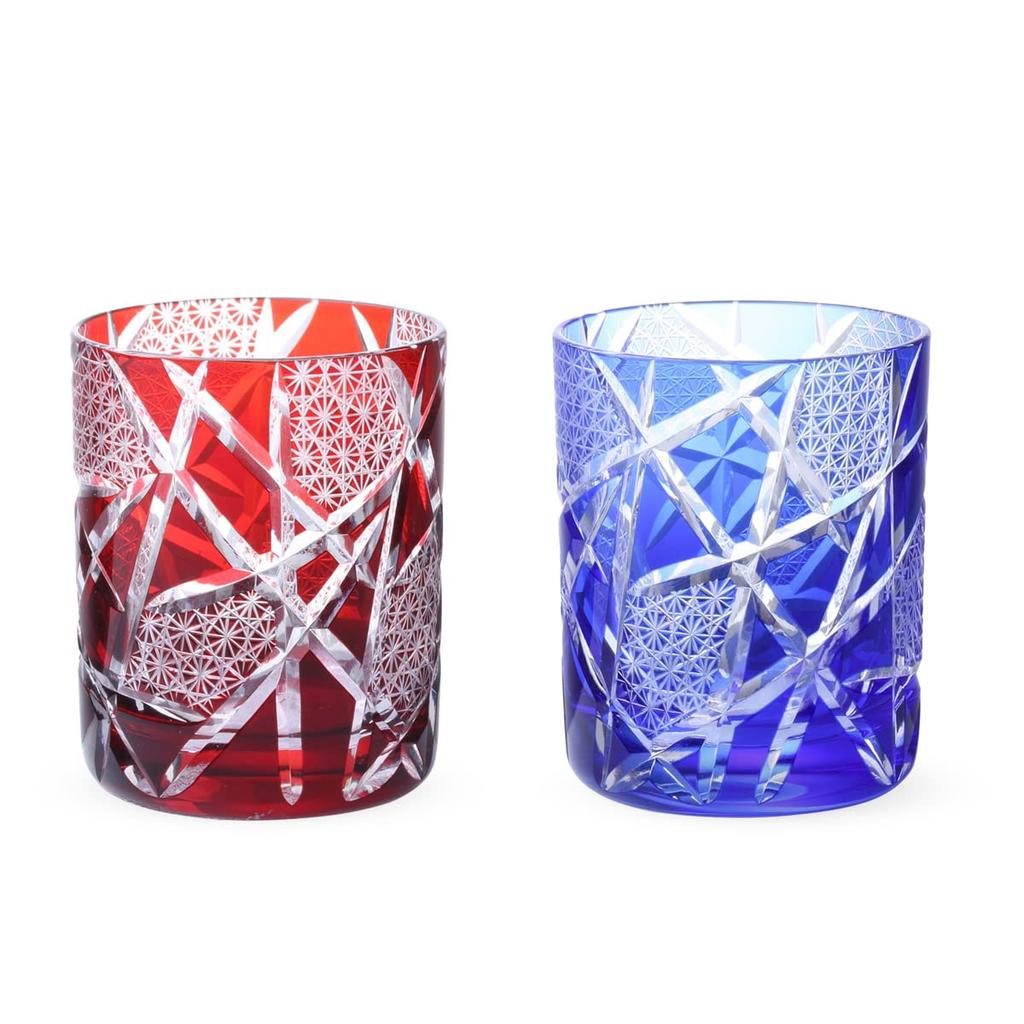 Dinner Luxe Cut Glass Pair of 210cc Random Carving Small Pattern Red Blue Kouga Takumi-fu Glasses/Cups (Rock Glasses) 70xH90mm & PNO.333989