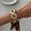 Retro Vintage Leopard Print Silk Scarf Wrapped Bracelet Metal Starfish Flower Hollow Bracelet