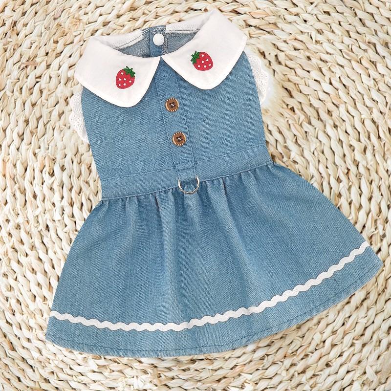 

Джинсовое платье для собак с принтом клубники, кружевная милая одежда для собак, летняя юбка для щенка чихуахуа бишон фризе, костюм кошки и собаки с пряжкой XS