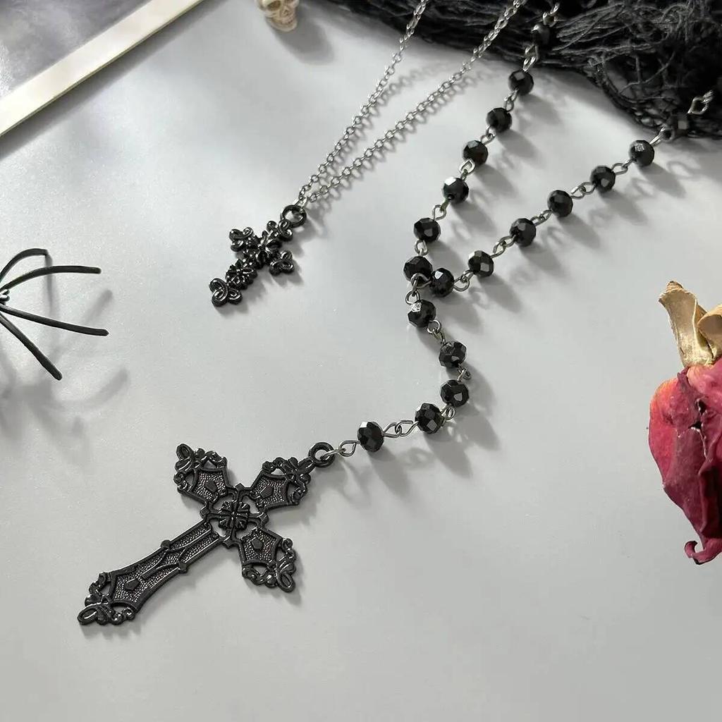 IngeSight.Z Goth Punk Y2K Doublelayer Metal Cross Pendant Necklace Women Vintage Black Crystal Beaded Choker Charm Jewelry Gift