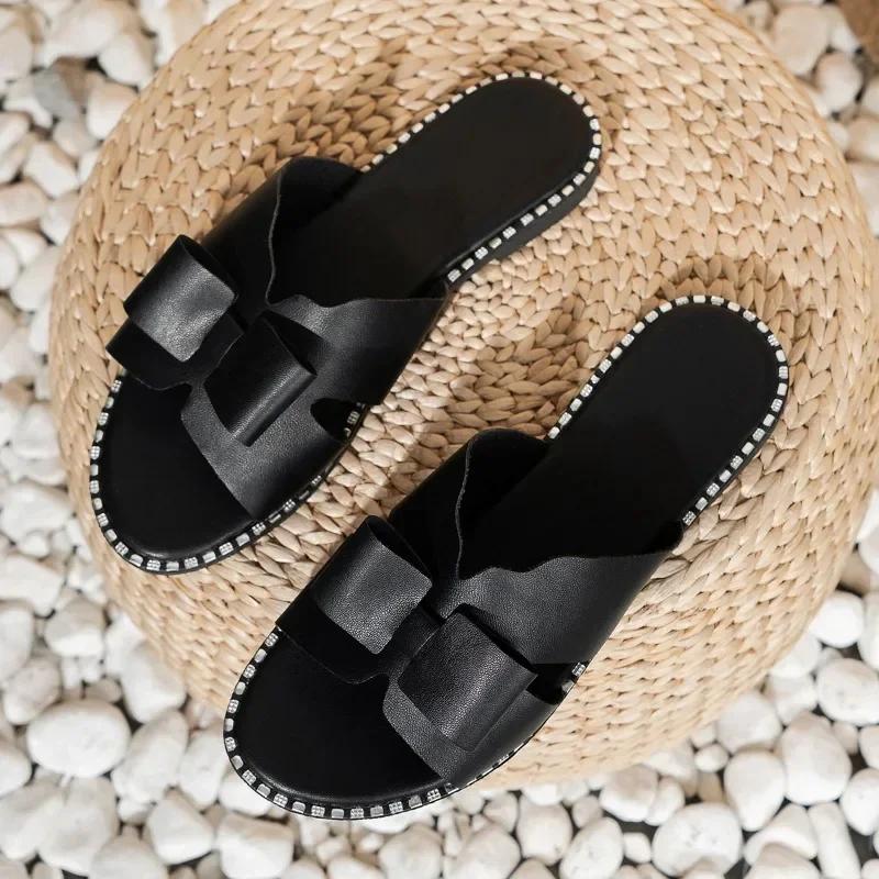 2024 Hot Sale Women Slipper Flat with Non-slip Rhinestone Summer Casual Comfortable Solid Color Ladies Shoes Plus Size 36-43