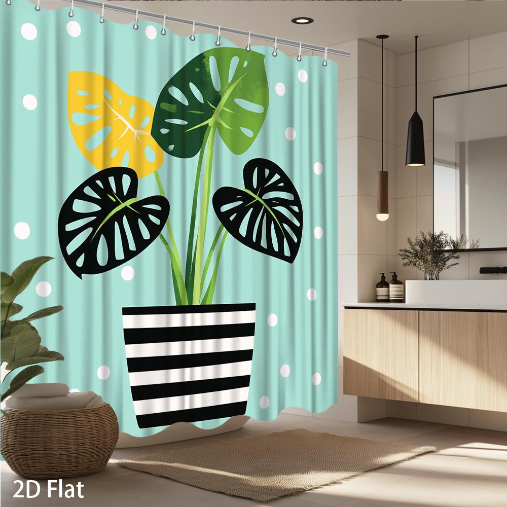 

1Pc Shower Curtain — Tropical Plants, Polka Dots, Green Yellow Black Leaves In Striped Pot, Polyester For Bathroom Decor W60H190(CM)-1 Pcs