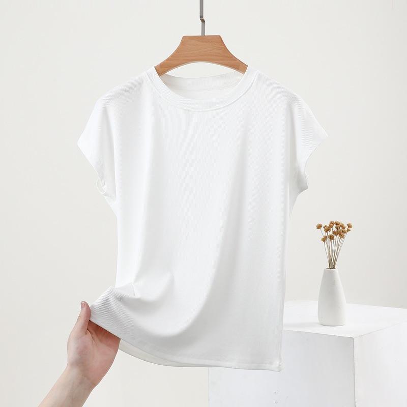 

Women s Spring and Summer New Round Neck Threaded Short-sleeved T-shirt Thin Models Yangqi Thin Versatile Big Yards Bottoming Shirt Tops L білий