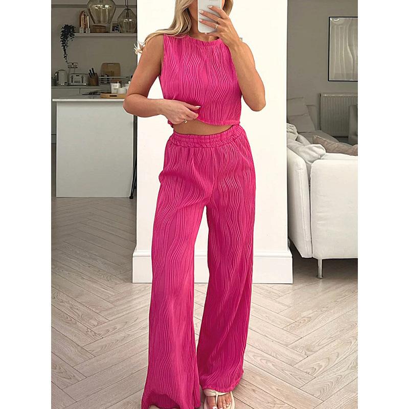 1116 Summer European and American Women's Clothing Set Solid Color Water Wave Crew Neck Vest Top Wide Leg Pants Two-piece Set